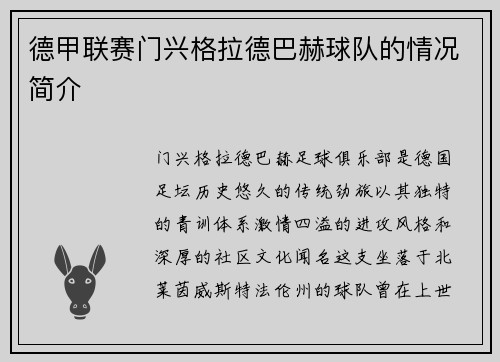 德甲联赛门兴格拉德巴赫球队的情况简介